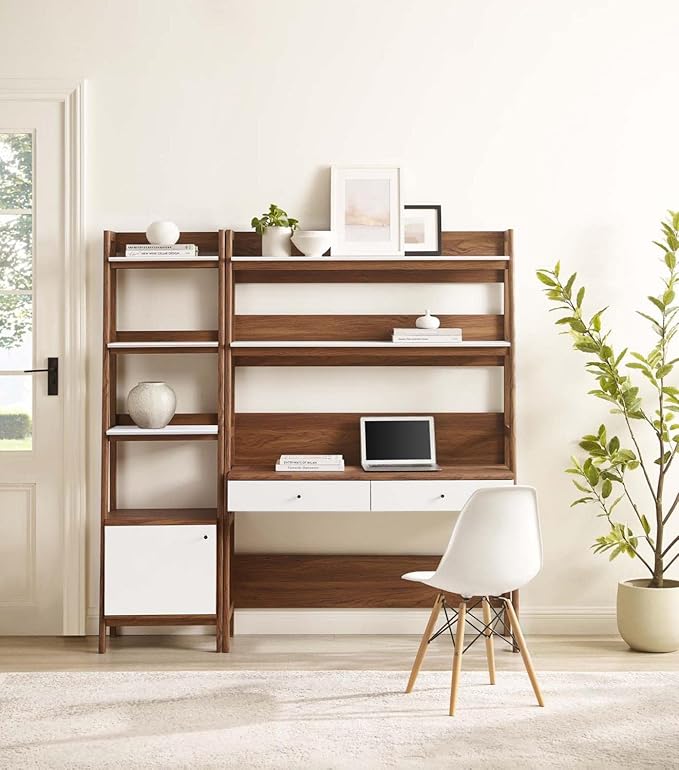 Modway Bixby 2-Piece Home Office Desk and Bookshelf Display Case in Walnut White - LeafyLoom