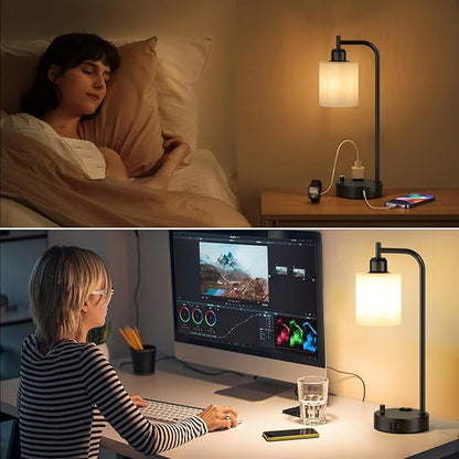 Industrial Bedroom Lamps for Nightstand Set of 2 - Fully Dimmable Bedside Lamps with USB A C Ports and Outlet, Black Table Lamps with Opal Glass Shade for Living Room, Desk Lamps for Office Reading - LeafyLoom