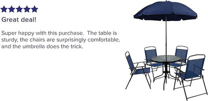 Flash Furniture Nantucket 6-Piece Patio Dining Set with Glass Table, 4 Folding Chairs, and Umbrella, Outdoor Patio Table, Chairs, Umbrella Set, Navy - LeafyLoom