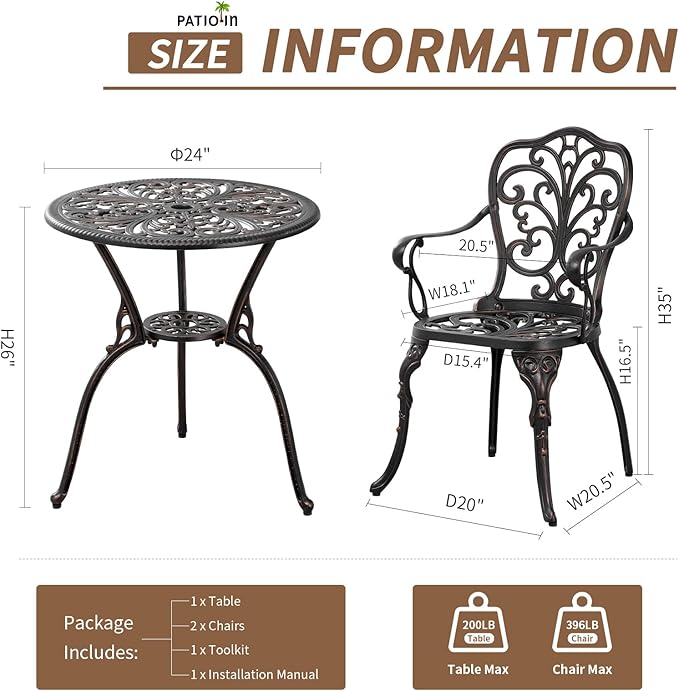 3 Piece Patio Furniture Dining Set Aluminum Patio Bistro Set Outdoor Furniture with Umbrella Hole for Yard, Balcony, Bronze - LeafyLoom