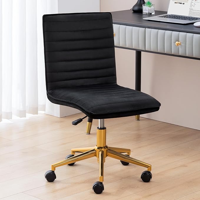 Furniliving Home Office Chair, Armless Vanity Chair with Wheels Swivel Velvet Computer Rolling Desk Chair with Back, Adjustable Accent Chair with Gold Metal Base Stool Chair,Black - LeafyLoom