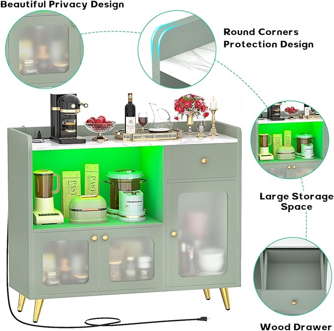 Cyclysio Sideboard Buffet Cabinet with Power Outlet, Kitchen Cabinet with LED Lights, Large Bar Cart Accent Buffet Cabinet with Door for Bedroom, Living Room, Kitchen, Hallway, Cyan - LeafyLoom