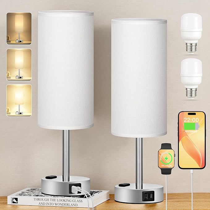 White Touch Nightstand Lamps Set - 3 Way Dimmable Bedside Table Lamps for Bedroom with USB C and A Ports, Small Lamps with AC Outlet for Girls Dorm Nursery, Silver Base - LeafyLoom