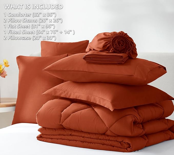 CozyLux Full Comforter Set with Sheets 7 Pieces Bed in a Bag Burnt Orange All Season Bedding Sets with Comforter, Pillow Shams, Flat Sheet, Fitted Sheet and Pillowcases - LeafyLoom