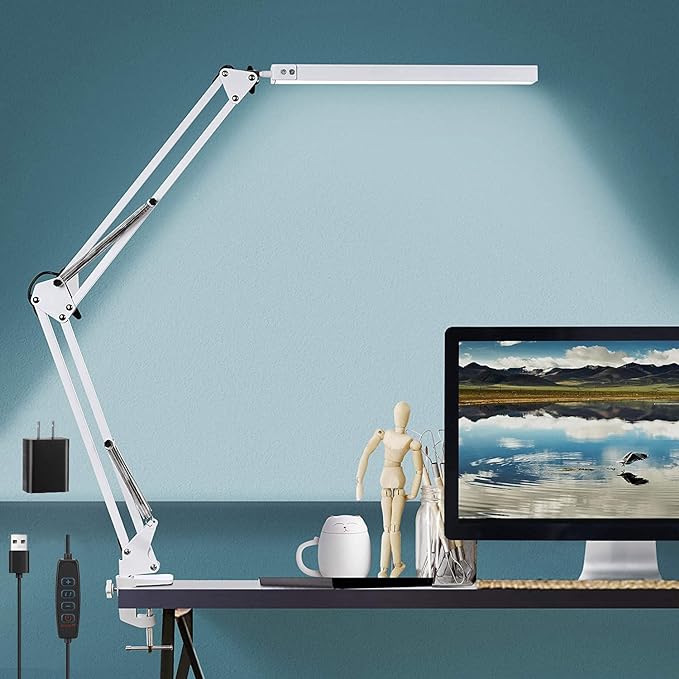 LED Desk Lamps for Home Office, 3 Color Modes Architect Swing Arm Lamp Desk Light with Clamp, Dimmable Eye-Care Table Light, Memory Function, Task, Study, Reading, Work, Craft, Sewing, Drafting, 10W - LeafyLoom