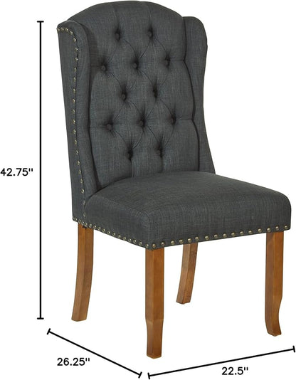 OSP Home Furnishings Jessica Button Tufted Wingback Upholstered Dining Chair with Wood Legs, Charcoal Fabric - LeafyLoom