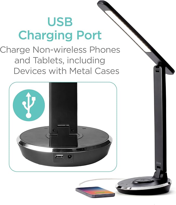 iHome Desk Lamp with Charging Station, Reading Light with Wireless Charging and USB Charging – Black (ILW200B) - LeafyLoom