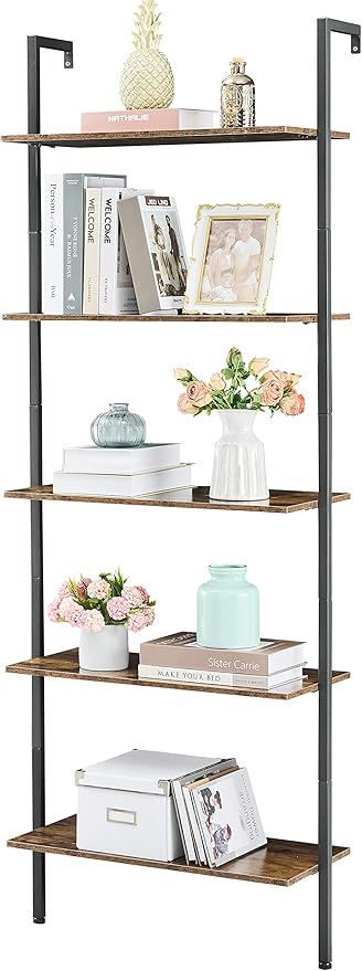 Tajsoon Large Bookcase, Industrial Ladder Shelf, 5 Tier Wood Wall Mounted with Metal Frame, Open Display Storage Shelves for Home, Office, Collection, Plant Flower, Rustic Brown & Black, 25.2''W - LeafyLoom