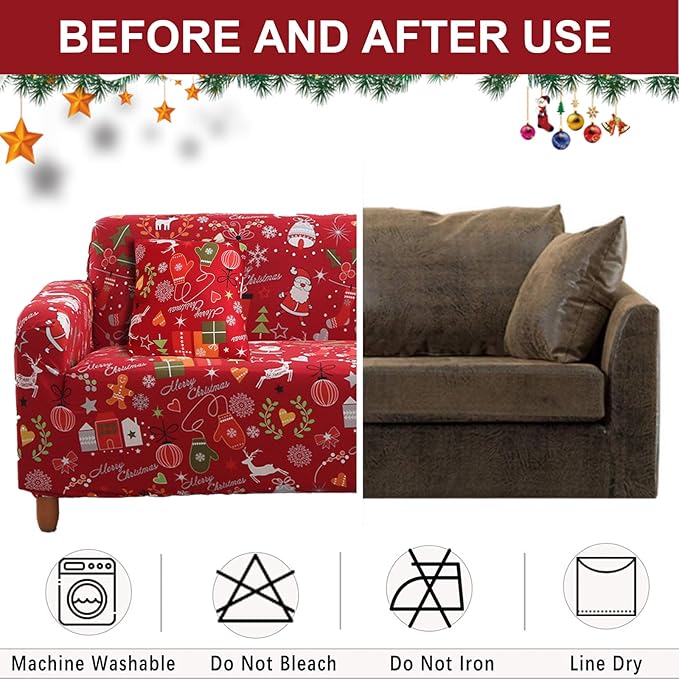 Mybedsoul Christmas Printed Sofa Cover Santa Claus Elastic Couch Cover Machine Washable Christmas Theme Red Sofa Slipcover for Living Room(3 Seater) Mybedsoul