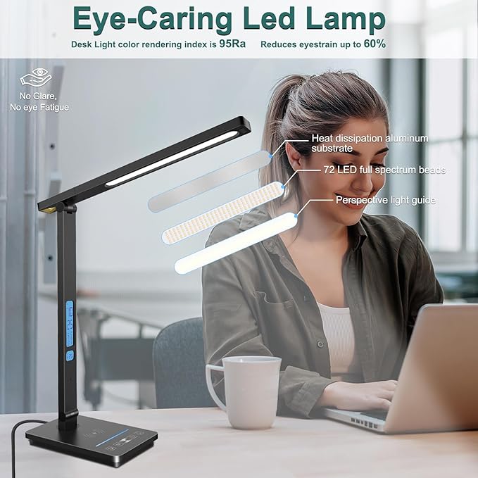 10 in 1 Smart Desk Lamp, Desk Table Lamp for Office, Eye-Caring Office Lamp with Night Light, Lamp for Desk with 10W Wireless Charger, Dimmable Touch Lamp for Home College Dorm Reading Study Work Room - LeafyLoom