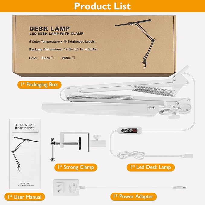 LED Desk Lamp with Clamp, Super Bright Double Head Desk Lamps for Home Office, 5 Color Modes, 10%~100% Dimmable Brightness, Architect Task Desk Light, Modern Swing Arm Workbench Desk Lighting - LeafyLoom