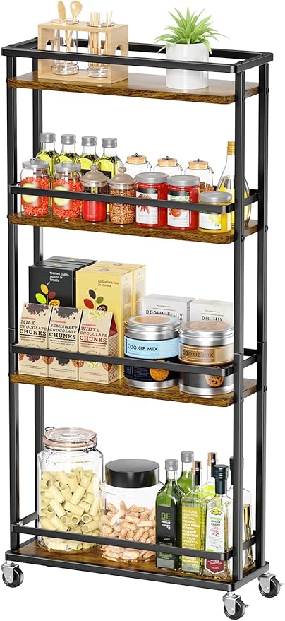 Slim Storage Cart 4 Tier Narrow Kitchen Rolling Cart on Wheels for Small Space, Mobile Spice Rack Seasoning Organizer Utility Serving Cart for Kitchen Bathroom Laundry, Brown - LeafyLoom