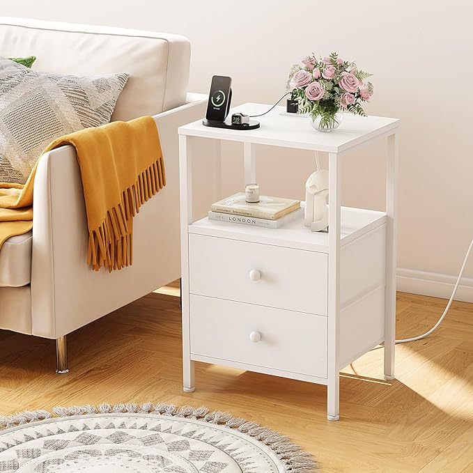 White Night Stand with Charging Station and USB Ports, Small Nightstand with Drawers and Shelf Storage End Table for Bedroom, Dorm, Modern Bedside Table - LeafyLoom