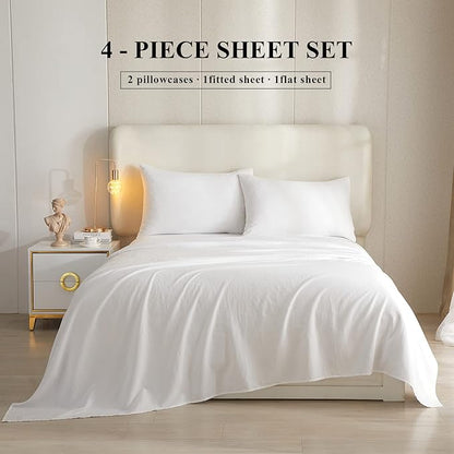 HighBuy White Sheets for Queen Size Bed,4 Piece Cooling Sheets Queen Deep Pocket up to 16 Inch,Solid Bedding Sheets & Pillowcases Set,Wrinkle, Fade, Stain Resistant - 4 Piece (Queen, White) - LeafyLoom