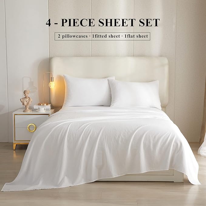 HighBuy Full Size Sheet Sets White - 4 Piece Bed Sheets and Pillowcase Set for Full Bed Mattress - Cooling Sheets Soft Deep Pocket Sheets,Fitted Sheets,Full Bed Sheets,White - LeafyLoom