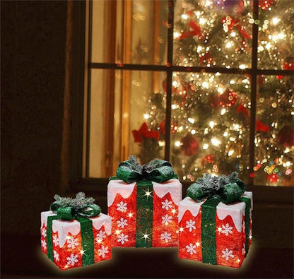 [Ultra-Large 16"x14"x11.5" Christmas Set of 3 Lighted Gift Boxes Decorations Pre-lit 91 Super-Bright LED with Flashers,for Indoor Outdoor Pathway Holiday Party Home(Warm White) GLOWNOVA