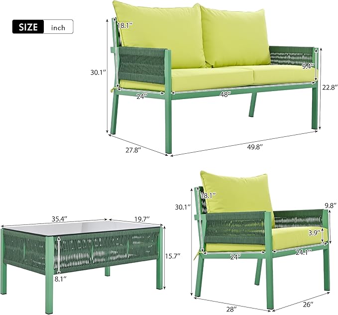 4 Piece Patio Furniture Set, Outdoor FSC Certified Acacia Wood Conversation Set, All-Weather Rope Sofa Set w/Tempered Glass Table, Loveseat for Lawn Balcony Poolside, Backyard, Backyard - LeafyLoom