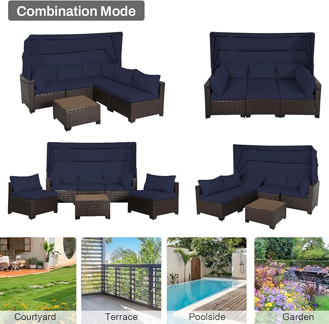 6 PCS Outdoor Patio Furniture Set,Sectional Sofa Set,Rattan Daybed with Retractable Canopy,Adjustable Backrest,Storage Coffee Table,Chaise Chair Sunbed for Garden Poolside Backyard(Navy Blue) - LeafyLoom