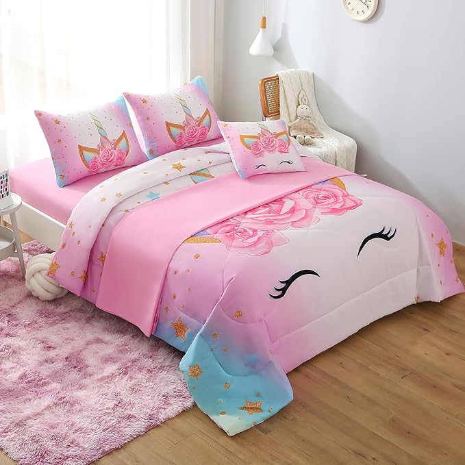 JQinHome Unicorn Twin Bedding Sets for Girls Kids,6 Piece Bed in A Bag 3D Colorful Flower Girl Unicorn Comforter Set with Sheet Set - LeafyLoom