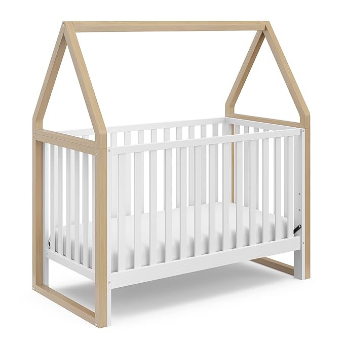 Storkcraft Orchard 5-in-1 Convertible Crib (White with Driftwood) – GREENGUARD Gold Certified, Canopy Style Baby Crib, Converts from Crib to Toddler Bed, Daybed and Full-Size Bed - LeafyLoom