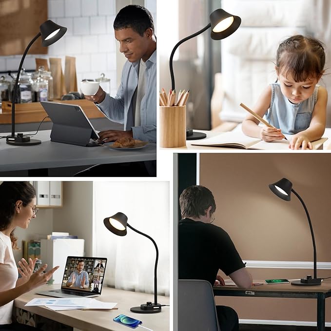 BOHON LED Desk Lamp for Home Office, Fully Dimmable Bedside Lamps with USB A and C Charging Port, 5 Colors Reading Lamp with Night Light, Auto Timer, Table Lamp for College Dorm Room Black - LeafyLoom