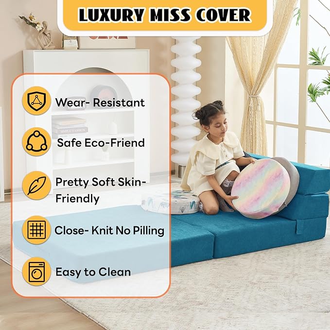 jela Sofa Bed Foldable Mattress Luxury Miss Fabric, Folding Sleeper Sofa Chair Bed Floor Mattress Floor Couch, Fold Out Couch Futon Mattress for Guest Room, Living Room (83"x33",Lightblue) - LeafyLoom