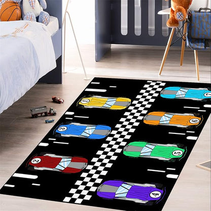 Race Car Rug Kids Play Area Rugs Race Car Track Rug Kids Rug with Roads and Tracks Car Track Carpet Car Rug for Boys Room Race Car Room Decor for Boys,Black 5'×7' - LeafyLoom