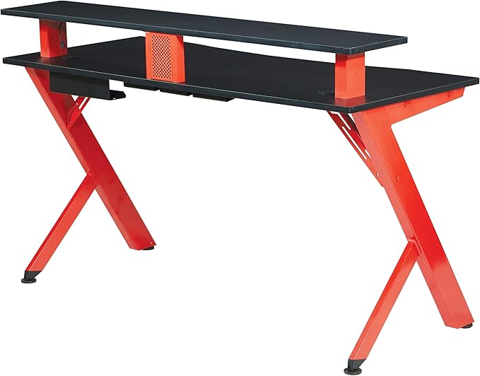 OSP Home Furnishings Area51 Battlestation Gaming Desk with Bluetooth RGB LED Lights, Red - LeafyLoom