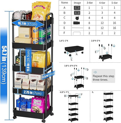 5-Tier Rolling Cart, Multipurpose Utility Cart, Rolling Carts with Lockable Wheels, Storage Cart Craft Cart Organizer for Bathroom Laundry Kitchen,Used as book art snack lash makeup diaper cart,Black - LeafyLoom