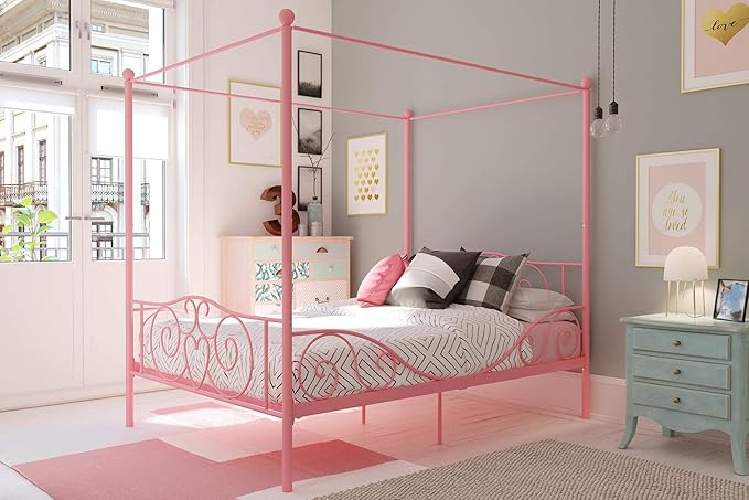 DHP Metal Canopy Kids Platform Bed with Four Poster Design, Scrollwork Headboard and Footboard, Underbed Storage Space, No Box Sring Needed, Full, Pink - LeafyLoom