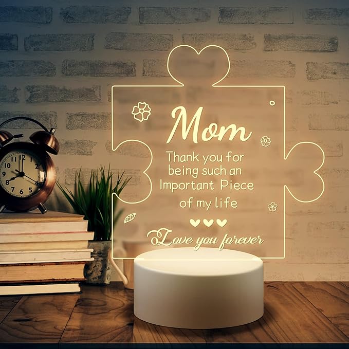 Puzzle Night Light Gift for Mom, Mother's Day Gifts from Daughter and Son Night Lamp with Plastic Base, Mom Gifts On Anniversary Christmas Day for Mom - LeafyLoom