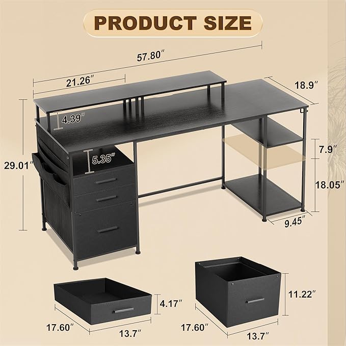 Computer Desk with 3 File Cabinet Drawers, 57.8'' Reversible Gaming Desk, Office Desk with Storage Shelves and Dual Monitor Stand for Home & Office (Black) - LeafyLoom