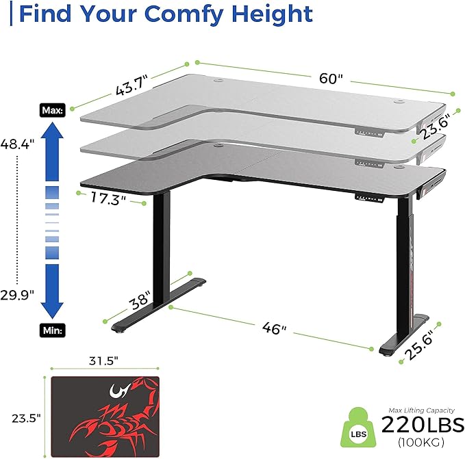 EUREKA ERGONOMIC Standing Desk L Shaped, 60 Inch Gaming Desk Electric Height Adjustable Dual Motor Rising Sit Stand Up Corner Desk for Computer Home Office, Smart Memory Preset Mousepad, Large, Left - LeafyLoom