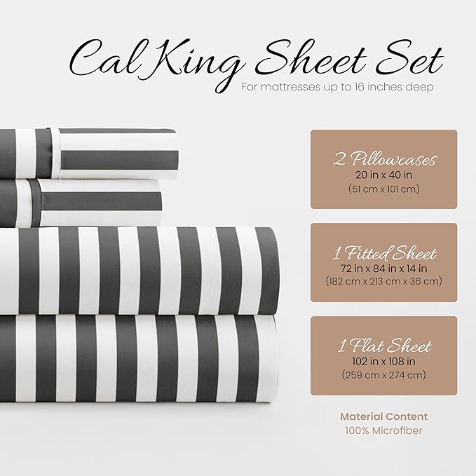 Linen Market 4 Piece California King Bedding Sheets Set (Gray Ribbon) - Sleep Better Than Ever with These Ultra-Soft & Cooling Bed Sheets for Your Cal King Size Bed - Deep Pocket Fits 16" Mattress - LeafyLoom