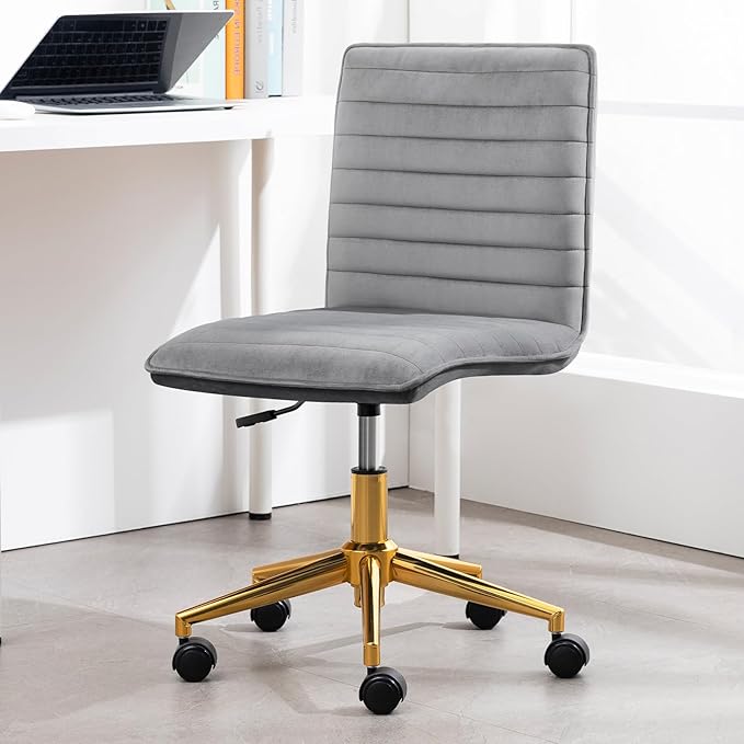 Furniliving Home Office Chair, Armless Vanity Chair with Wheels Swivel Velvet Computer Rolling Desk Chair with Back, Adjustable Accent Chair with Gold Metal Base Stool Chair,Gray - LeafyLoom