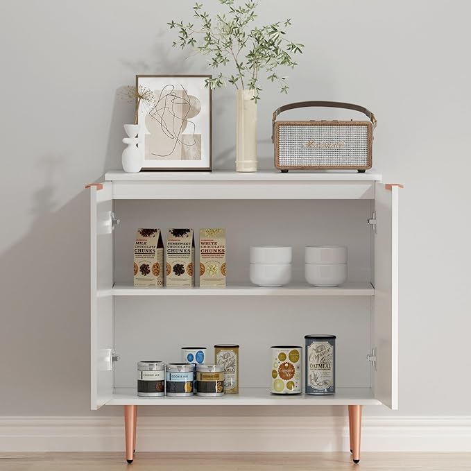 White Fluted Buffet Cabinet,Wood Sideboard Buffet Cabinet with Storage & Rose Gold Colored Metal Legs, Accent Cabinet for Living Room,Dining Room,Kitchen, Assemble Easily - LeafyLoom