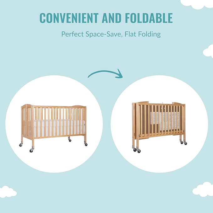 Folding Full Size Convenience Crib In Natural, Two Adjustable Mattress Height Positions, Comes With Heavy Duty Locking Wheels, Flat Folding - LeafyLoom