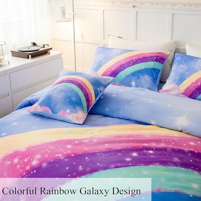 Aqua Blue Full Size Kids Comforter Sets for Girls, 6Pcs Colorful Rainbow Gradient Bedding Set, 3D Glitter Galaxy Bed in A Bag with Comforter, Sheets and Pillowcases for Teens - LeafyLoom