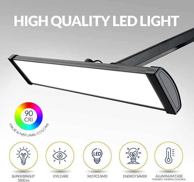 Ultra Bright 3900 Lumens Powerful Professional Eye Care LED Desk Lamp, Brightness Adjustable, Task Light for Home, Beauty, Crafting, Office, Workbench (Daylight, Dimmable, Black) - LeafyLoom