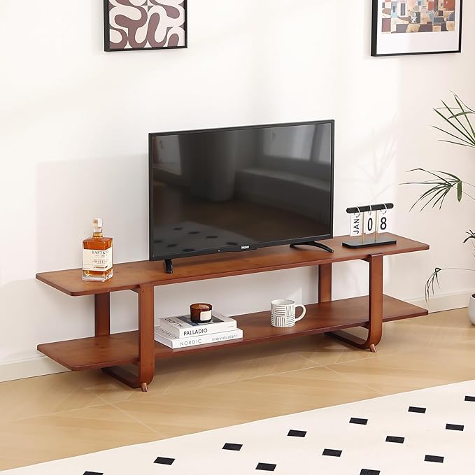 Tiita TV Stand with Storage for TVs up to 65'', Bamboo TV Console Entertainment Center with 2 Open Shelf, Mid Century Modern Media Console for Living Room, Bedroom, Walnut - LeafyLoom