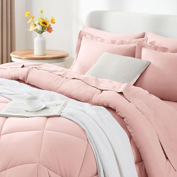 CozyLux King Comforter Set with Sheets 7 Pieces Bed in a Bag Pink All Season Bedding Sets with Comforter, Pillow Shams, Flat Sheet, Fitted Sheet and Pillowcases - LeafyLoom