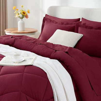 CozyLux Queen Comforter Set with Sheets 7 Pieces Bed in a Bag Burgundy All Season Bedding Sets with Comforter, Pillow Shams, Flat Sheet, Fitted Sheet and Pillowcases, Red, Queen - LeafyLoom