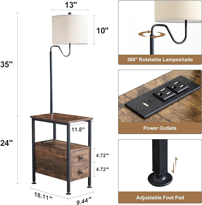 Dungoo 59" Floor Lamp with Table, Narrow End Table with Lamp Attached with USB & Type-C Ports and 2 Outlets, Rustic End Table with Storage Drawers, Bedside Nightstand for Living Room Bedroom - LeafyLoom