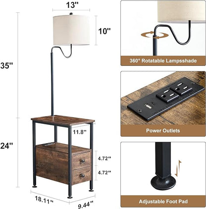 Dungoo 59" Floor Lamp with Table, Narrow End Table with Lamp Attached with USB & Type-C Ports and 2 Outlets, Rustic End Table with Storage Drawers, Bedside Nightstand for Living Room Bedroom - LeafyLoom