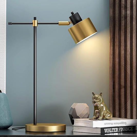 OYEARS 22.2“ Modern Industrial Desk Lamp for Reading LED Metal Table Lamp Light for Office Bedroom Study Room Living Room Nightstand Bedside Lamps Gold and Matte Black Accent Finish (Bulb Included) - LeafyLoom