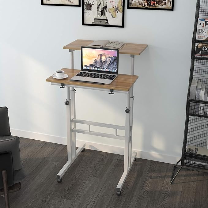 sogesfurniture Mobile Standing Desk Laptop Workstation on Wheels, Adjustable Computer Desk for Standing or Sitting, Oak 101-OK - LeafyLoom