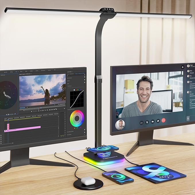 Black Desk Lamp for Office Gaming,Double Head Light for Home＆Office，Adjustable Light Mode and Brightness，Adjustable Height＆Angle in Metal Polwith Wireless Charger＆2 USB and 1 Type-c Ports - LeafyLoom