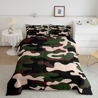 Twin Size Camouflage Comforter Set 3Pcs Kids Bedding Set for Boys Girls Teens 1 Comforter & 2 Pillowcases(Twin,Army Green) Boys - LeafyLoom