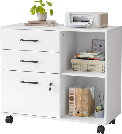 FEZIBO 3-Drawer Mobile File Cabinet, Lateral Filing Cabinet with Lock, Printer Stand with Open Storage Shelves for Home Office, Filing Cabinets for Home Office, White - LeafyLoom