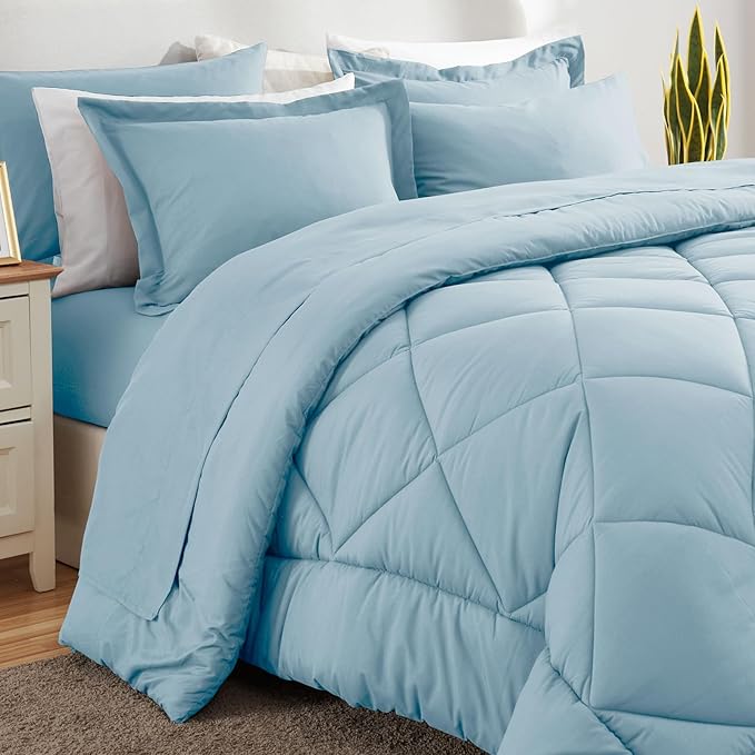 CozyLux Queen Bed in a Bag 7-Pieces Comforter Sets with Comforter and Sheets Light Blue All Season Bedding Sets with Comforter, Pillow Shams, Flat Sheet, Fitted Sheet and Pillowcases - LeafyLoom